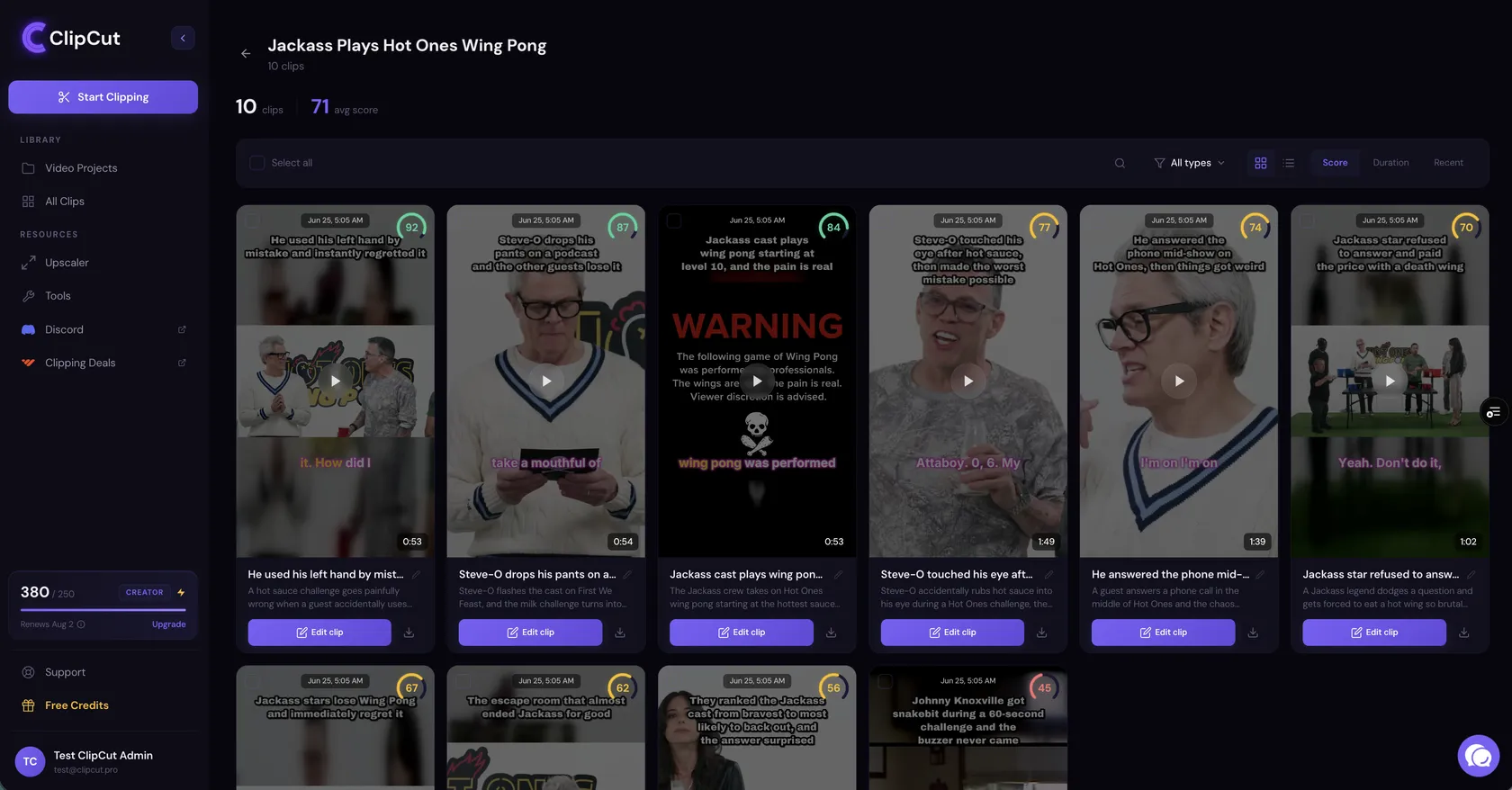 ClipCut dashboard with 10 scored clips from one VOD